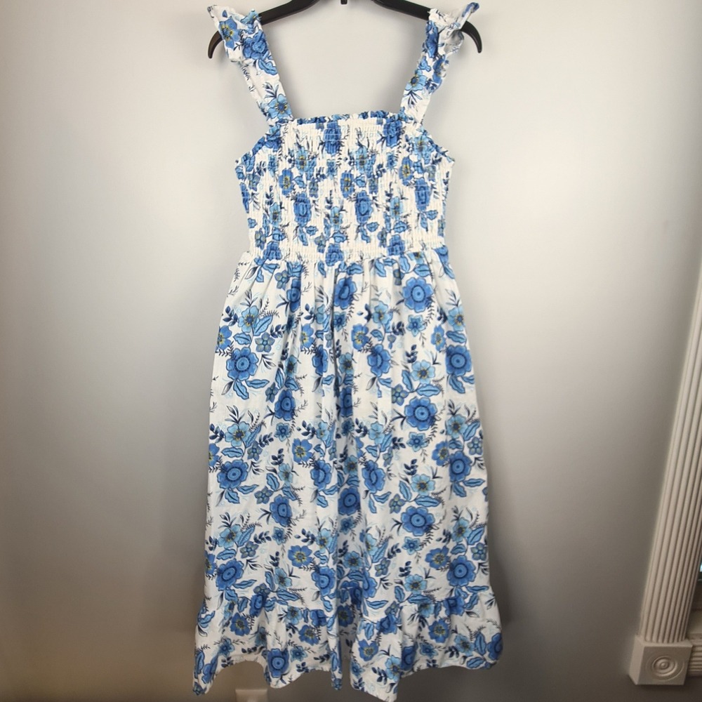 Haute Hippie Style Blue White Floral Smocked Ruffle Midi Dress Women Size 8